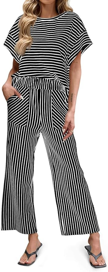 Tankaneo Womens Striped 2 Piece Sets Short Sleeve T Shirts Wide Leg Pants Matching Lounge Set wit... | Amazon (US)