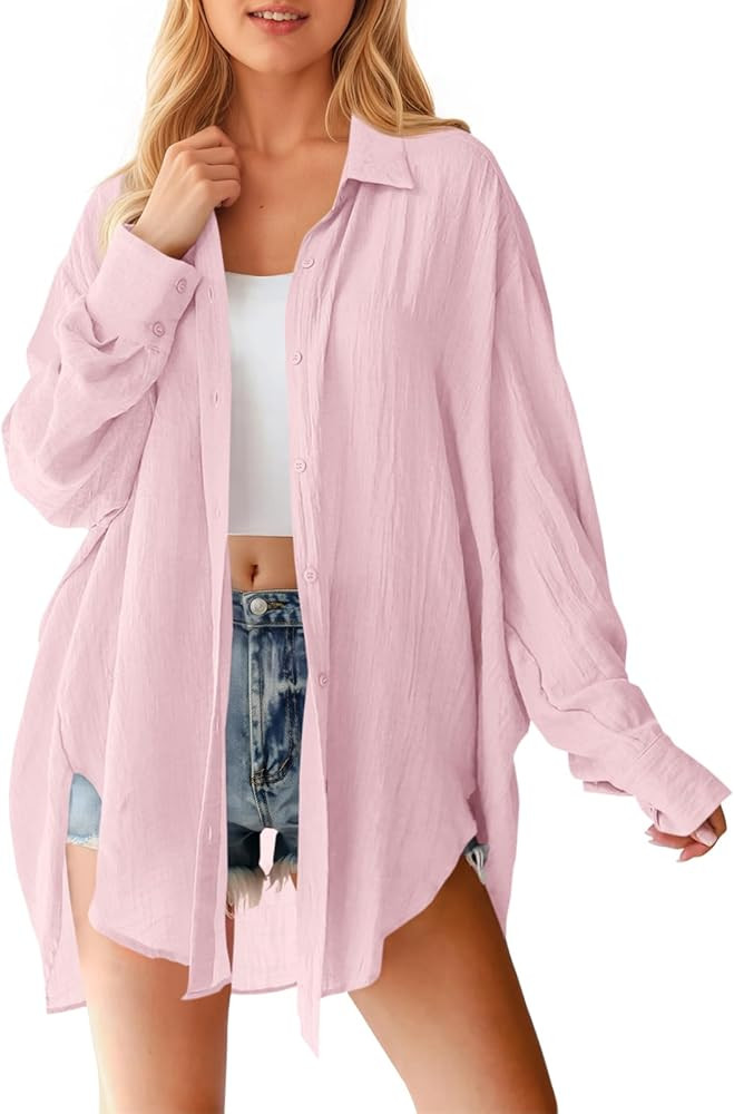 Saodimallsu Womens Oversized Button Down Shirts Long Sleeve Irregular Hem Blouse Tops | Amazon (US)