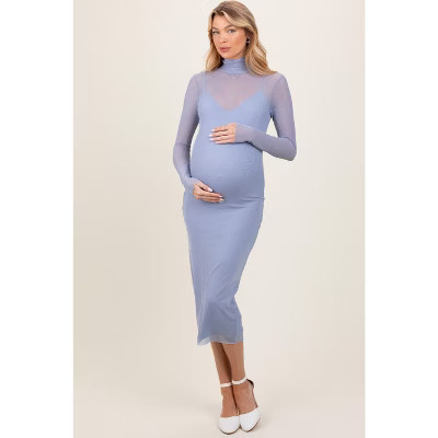 PinkBlush Light Blue Mesh Overlay Fitted Maternity Midi Dress Light Blue Medium | Target