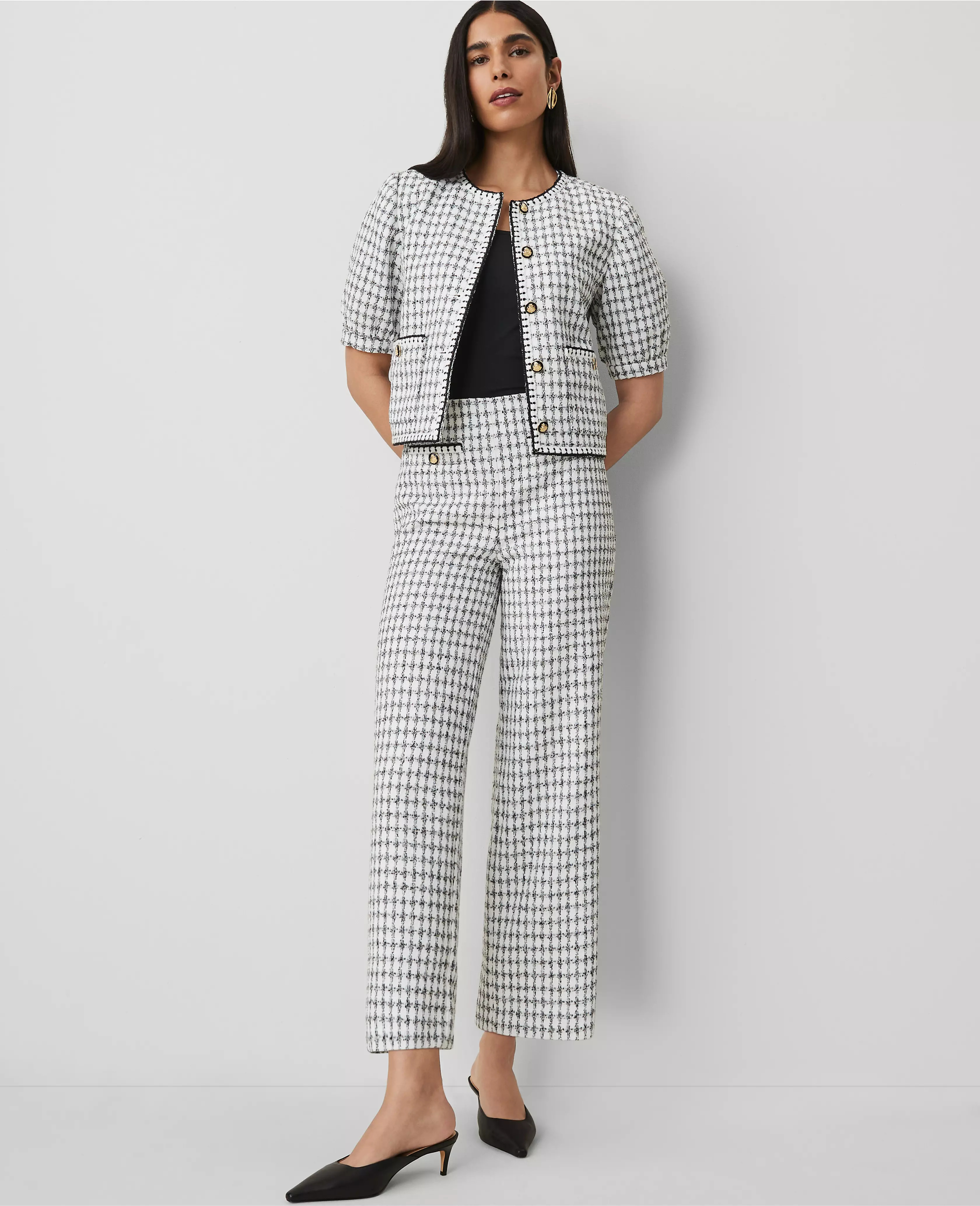 The Button Pocket Wide-Leg Ankle Pant in Tweed | Ann Taylor