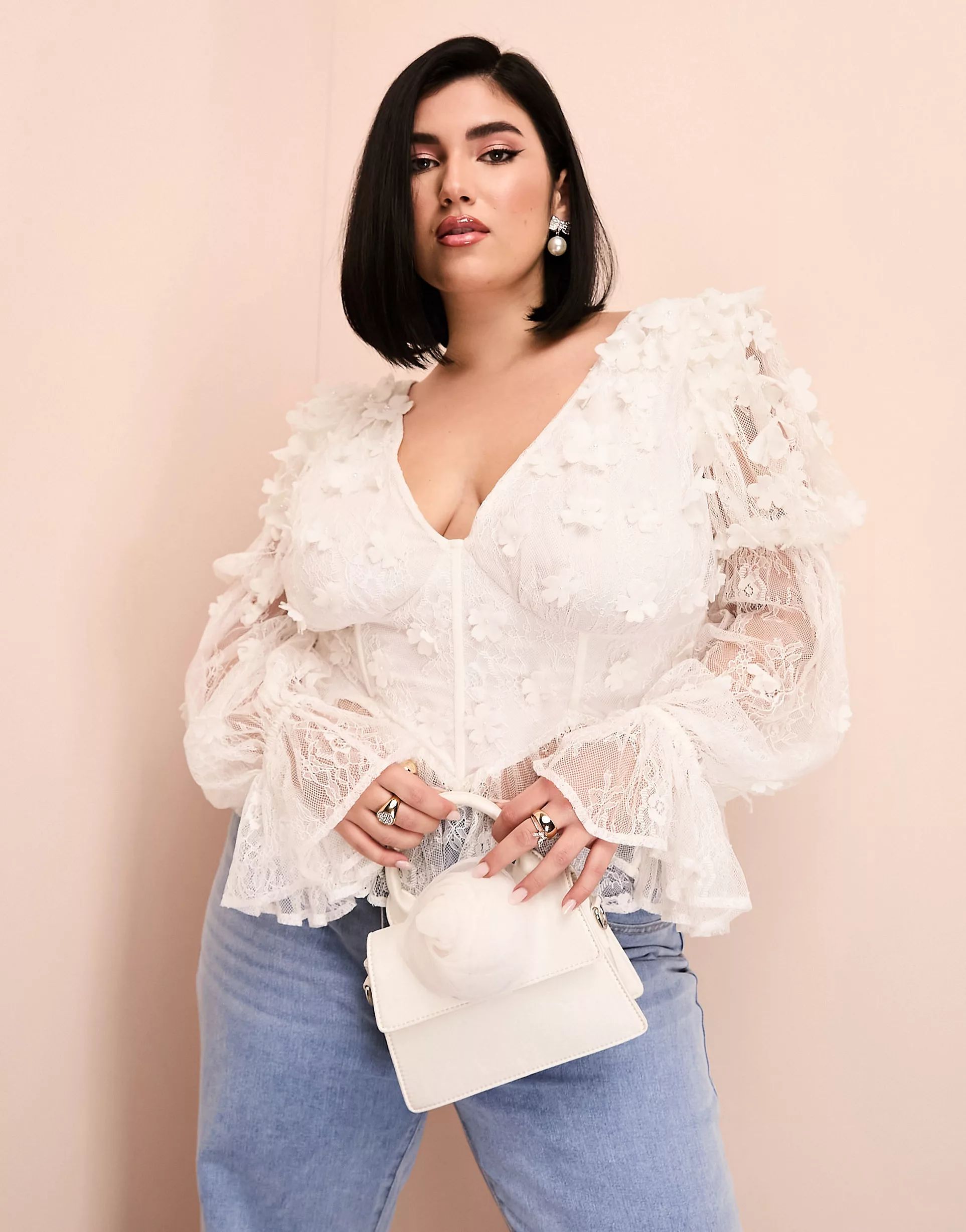ASOS LUXE Curve mesh floral bardot long sleeved top with velvet flowers and pearl embellishment i... | ASOS (Global)