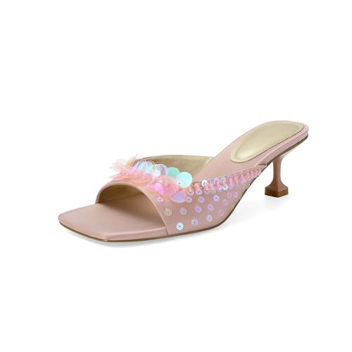 SOVANYOU Pink Sequin Kitten Heels for Women Square Toe Heeled Mules Floral Open Toe Heeled Sandals for Casual Dress | Amazon (US)