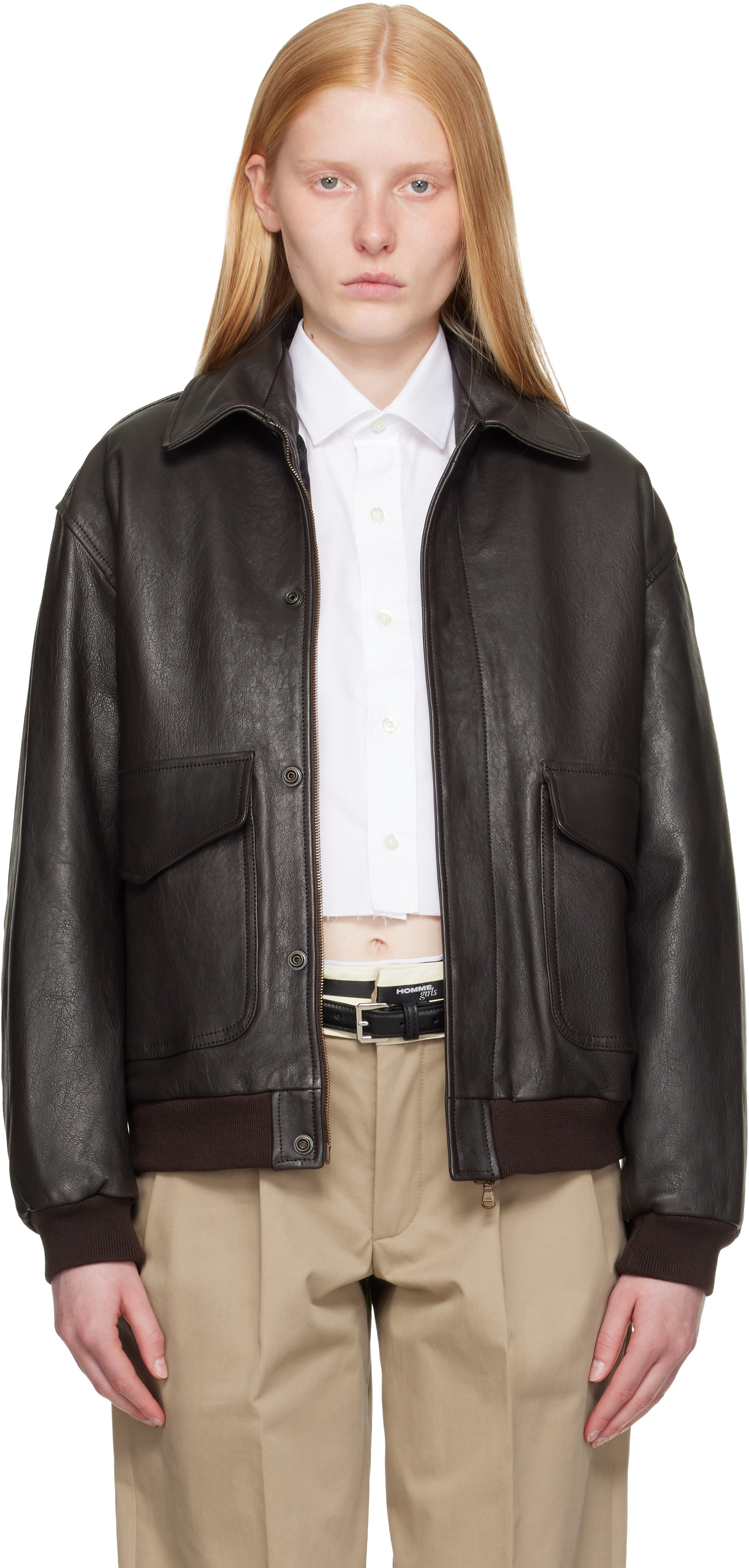 HommeGirls Brown Leather Bomber Jacket | SSENSE