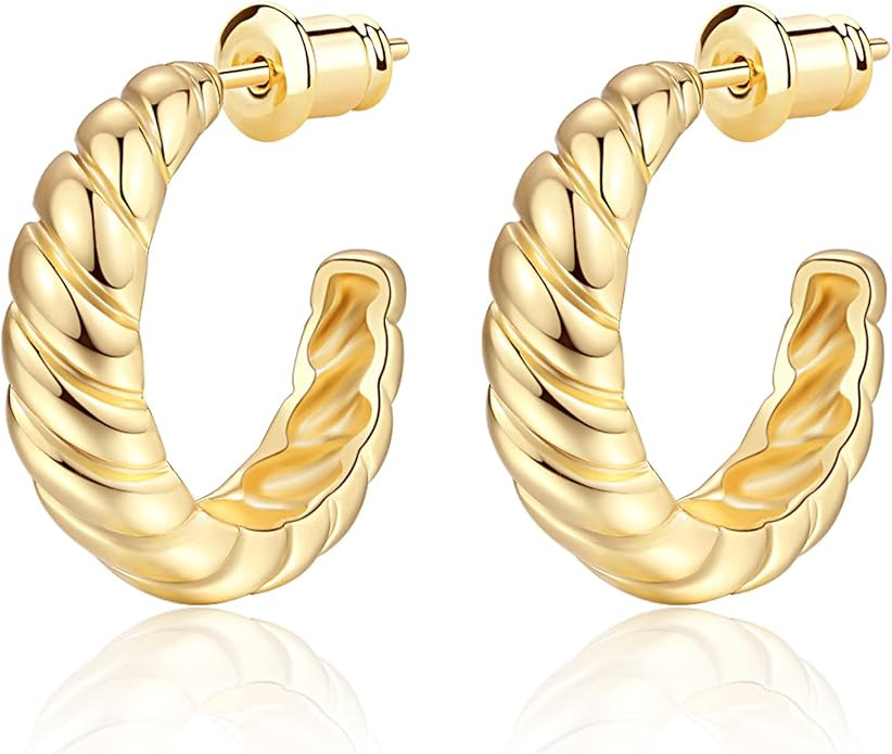 Wowshow Chunky Open Hoops 14K Gold Hoop Earrings Croissant Hoop Earrings Twisted Round Earrings f... | Amazon (US)