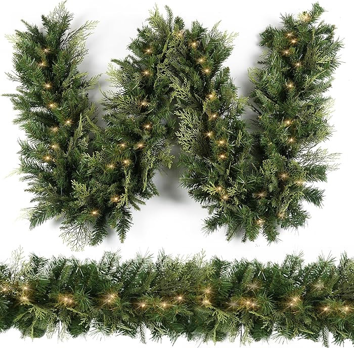 Christmas Garland with 50 Lights 9 Ft, Prelit Xnas Garland with Cypress Leaf, Battery Operated Ch... | Amazon (US)