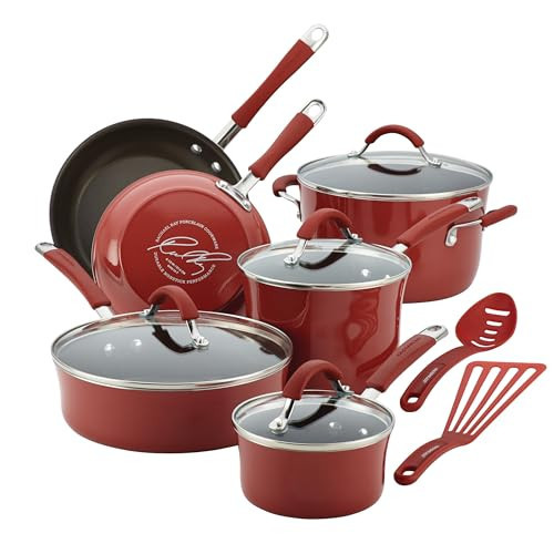 Rachael Ray Cucina Nonstick Cookware, Cranberry Red Pots and Pans Set, 12-Piece | Amazon (US)