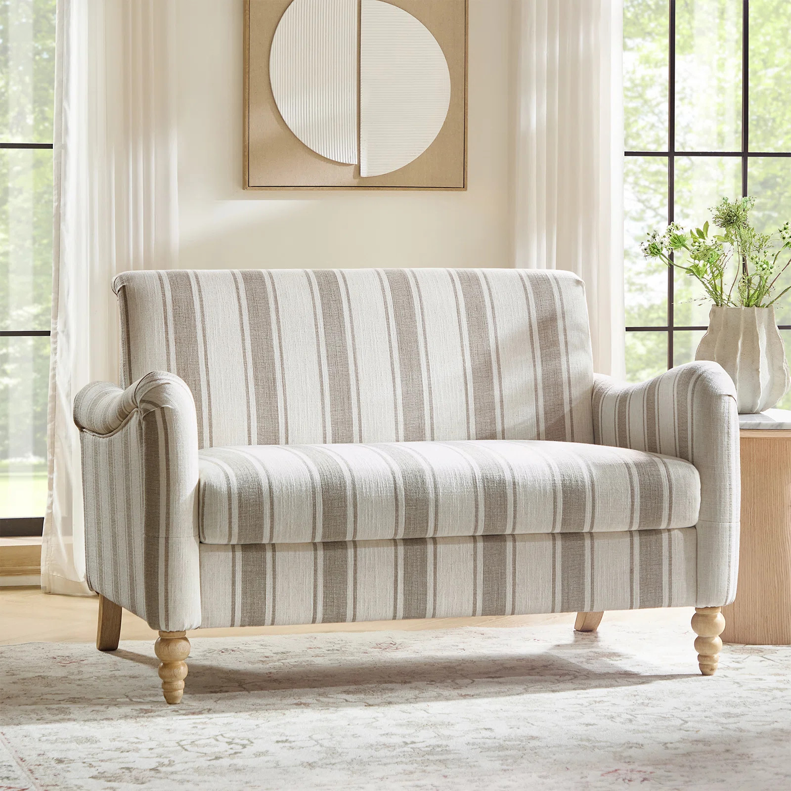 Terren 50.5"W Farmhouse Linen Upholstery Loveseat With Solid Wood Spindle Legs | Wayfair North America
