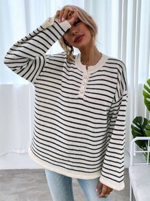 Striped Drop Shoulder Button Front Sweater
   SKU: sW210616031092520      
          (871 Reviews... | SHEIN