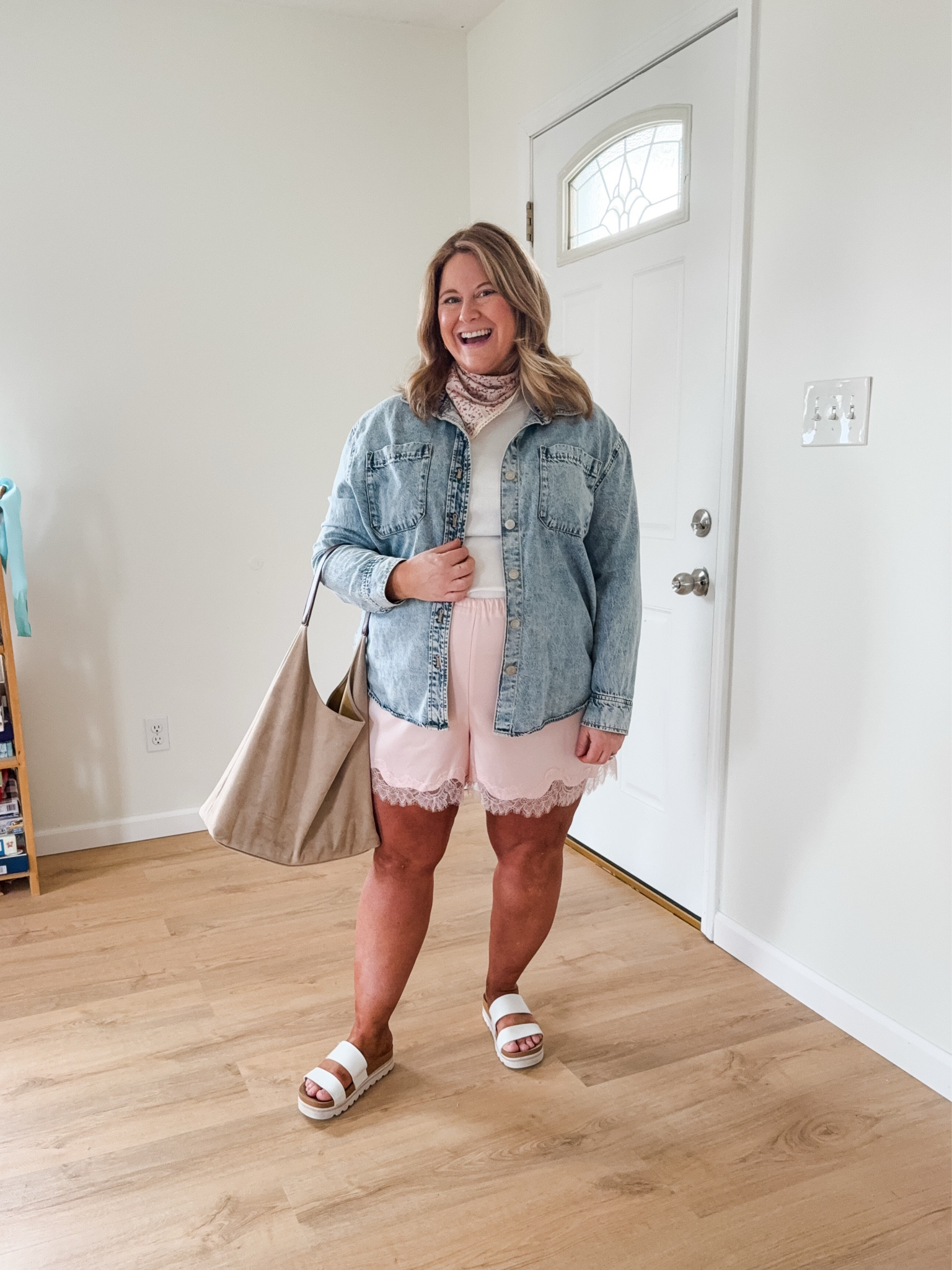 I sized up to an XXL in my satin shorts for the bump.  My denim shirt is older so I linked similar. 

Mom outfit 
Bump friendly outfit
Maternity
Satin shorts 