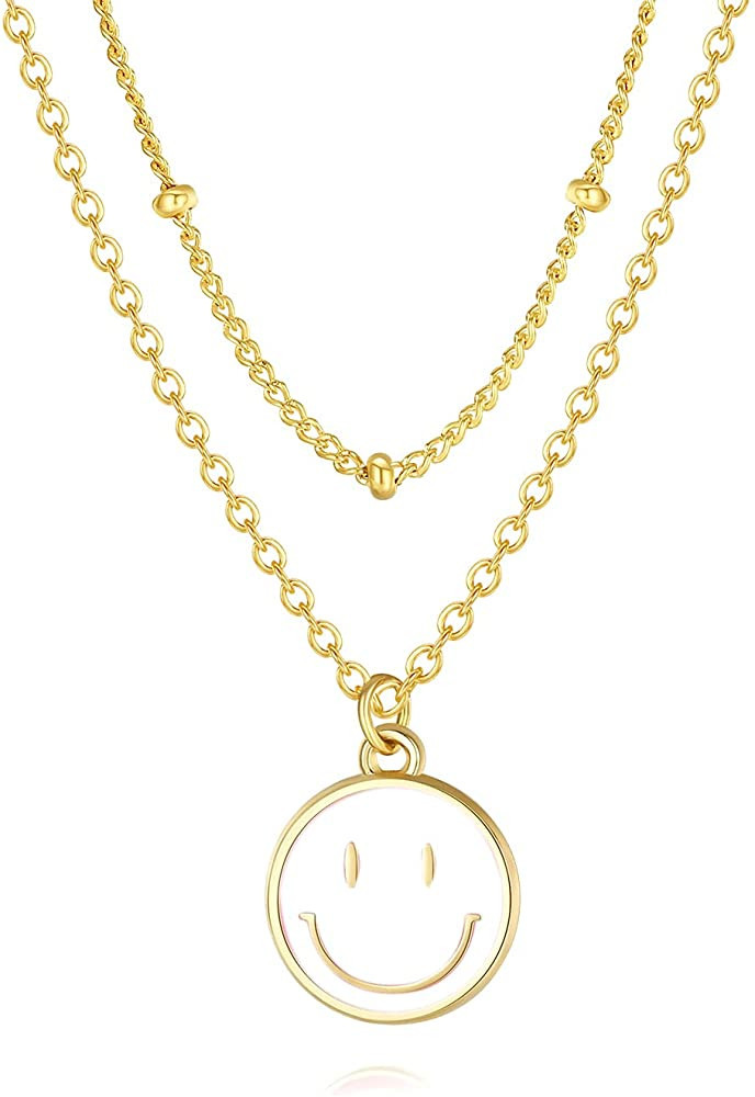XSILA 14K Gold Smiley Face Necklaces Enamel Happy Face Necklace Pink Necklace Preppy Necklace for... | Amazon (US)