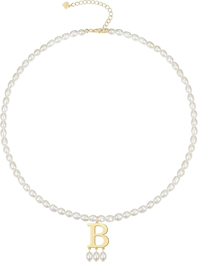 JSJOY Freshwater Pearl Necklace for Women 925 Sterling Silver Gold Initial A-Z Necklaces Anne Bol... | Amazon (US)