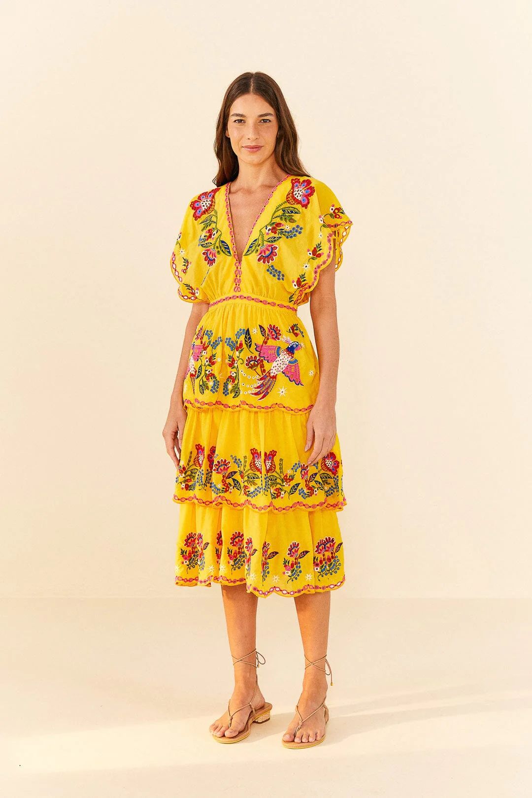 Yellow Embroidered Richelieu Midi Dress | FarmRio