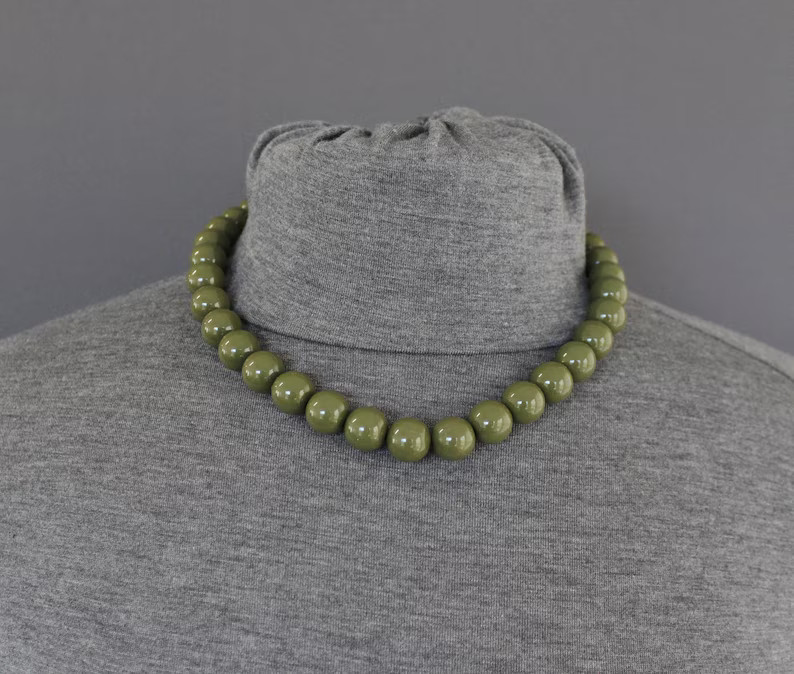 Olive Green Chunky Beaded Necklace 18" Long Bead Big Beads 1.5" Extender - Etsy | Etsy (US)