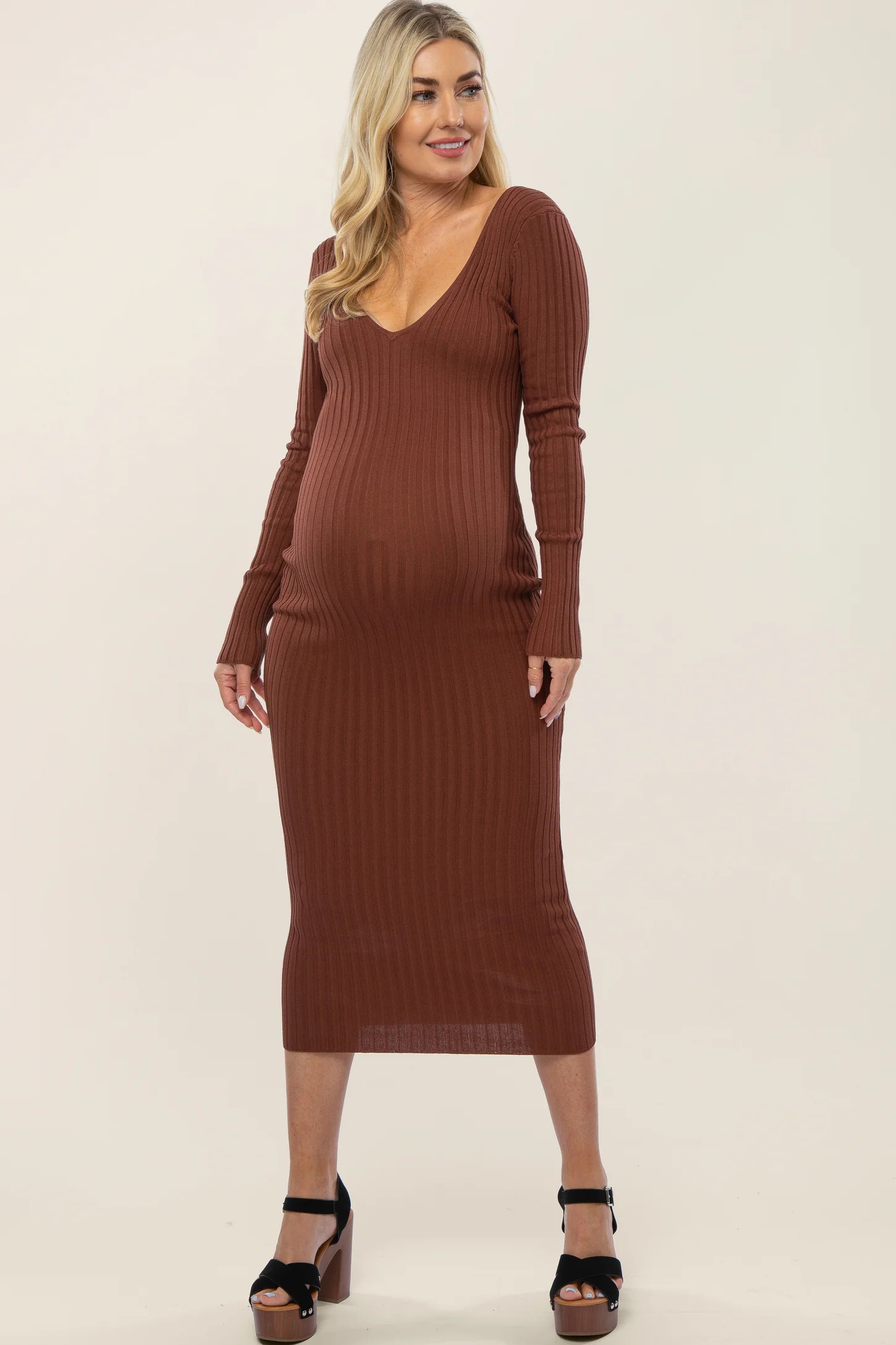 Mocha V-Neck Long Sleeve Fitted Maternity Maxi Dress | PinkBlush Maternity
