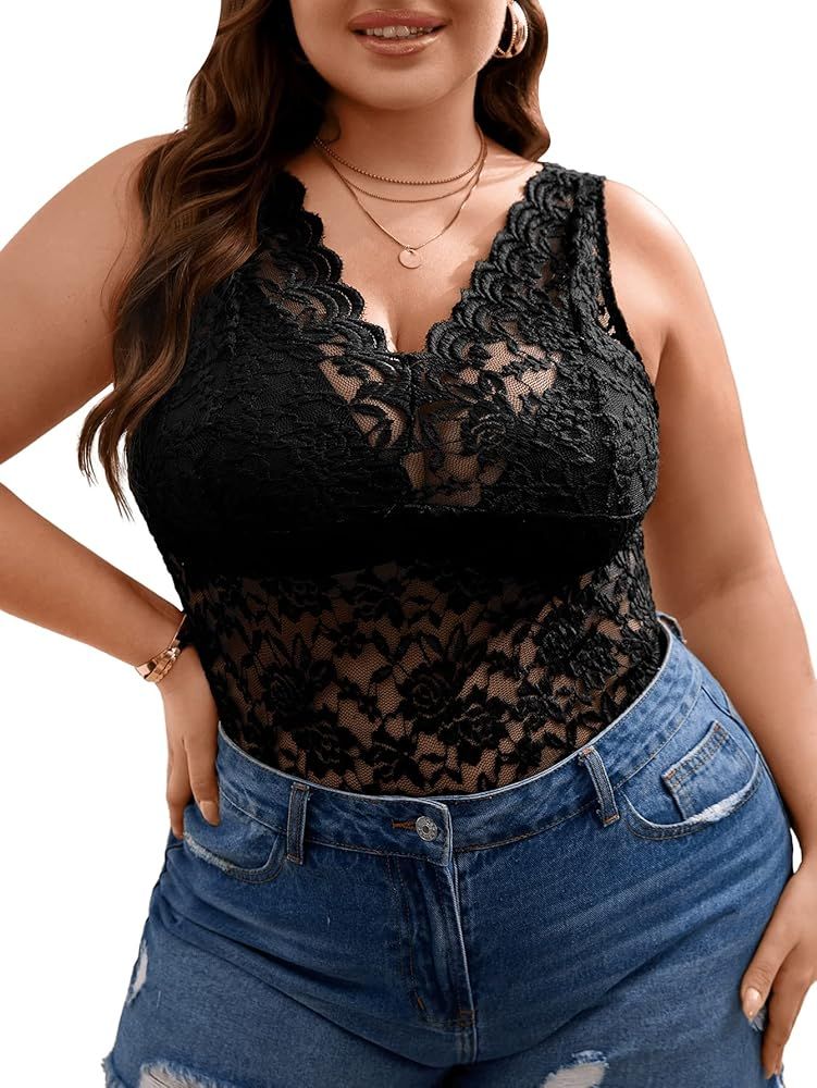 SOLY HUX Women's Plus Size Floral Lace Sheer V Neck Scalloped Trim Sleeveless Tank Tops | Amazon (US)