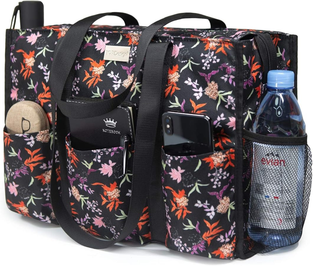 TOPDesign Utility Water Resistant Tote Bag with 13 Pockets, Top Zipper Closure & Thick Bottom Sup... | Amazon (US)