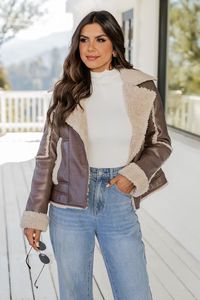 Put Me First Brown Faux Leather Sherpa Lined Jacket | Pink Lily