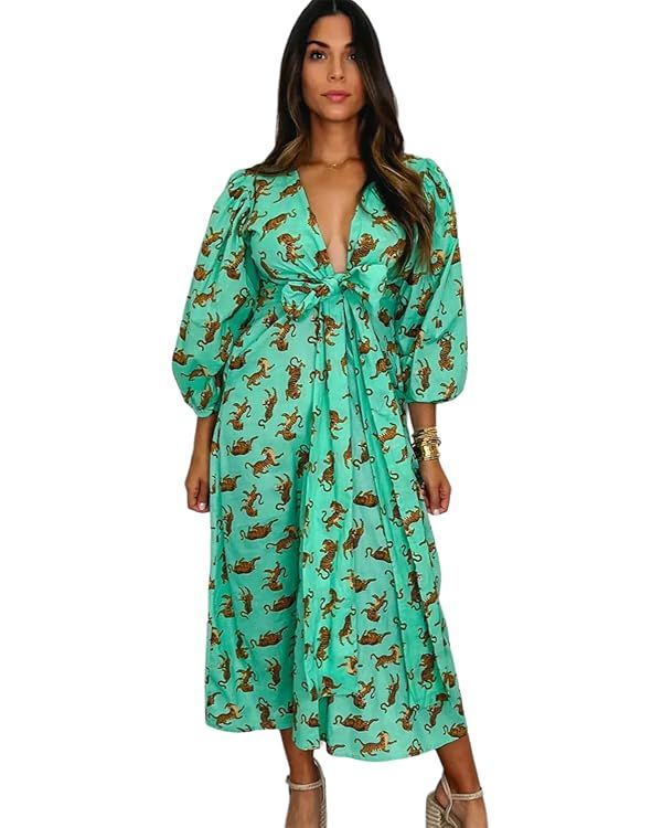 Women HandBlock Print Cotton Boho Designer Sleeve Bohemian Causal Women Summer Midi Dress | Amazon (US)