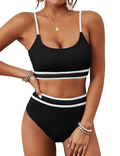 BMJL Women's High Waisted Bikini Ribbed Two Piece Swimsuit High Cut Color Block Adjustable Straps Bathing Suit(2XL,Black) | Amazon (US)