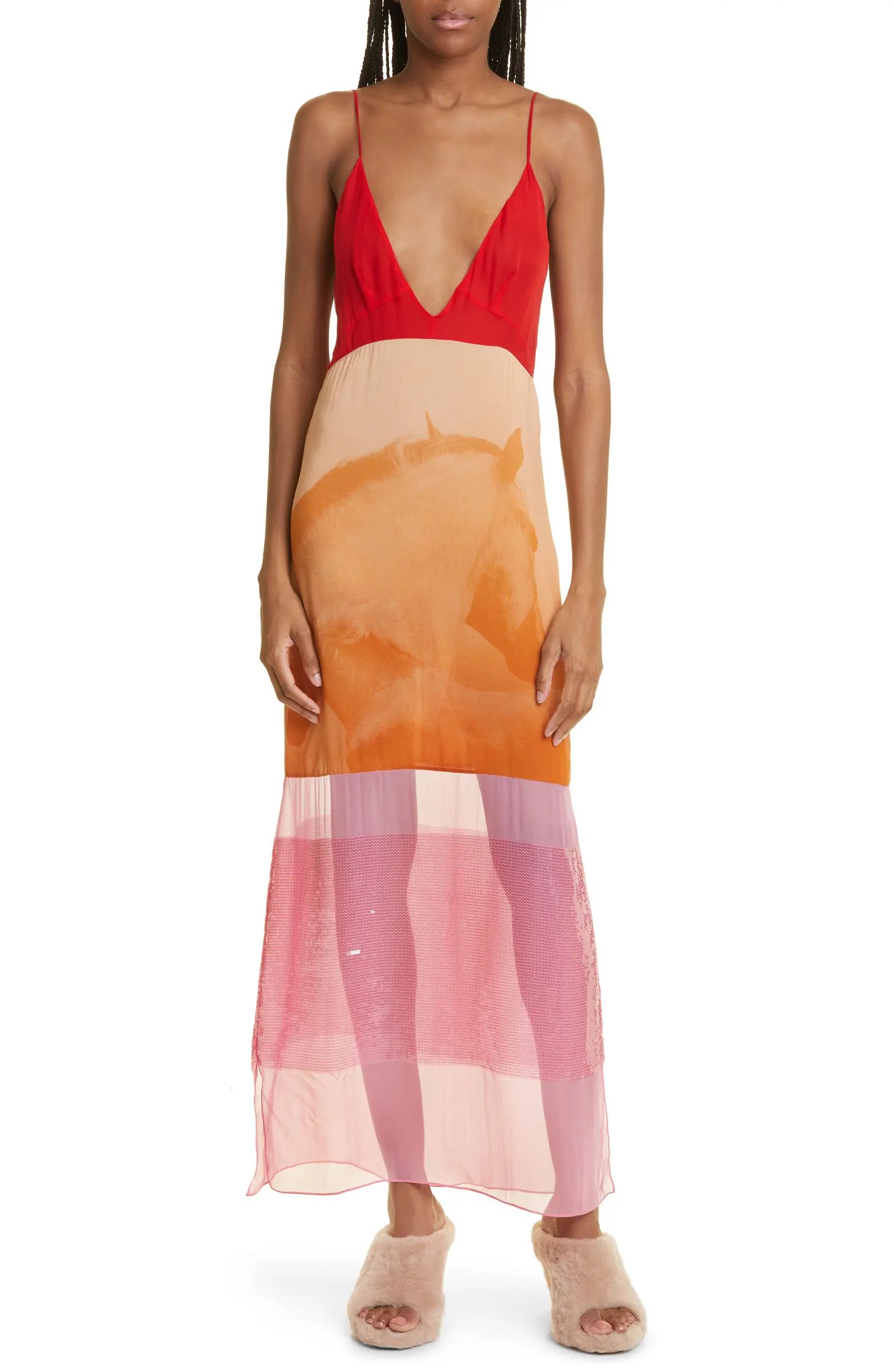 Horse Print Colorblock Plunge Neck Sequin Stretch Silk Maxi Dress | Nordstrom