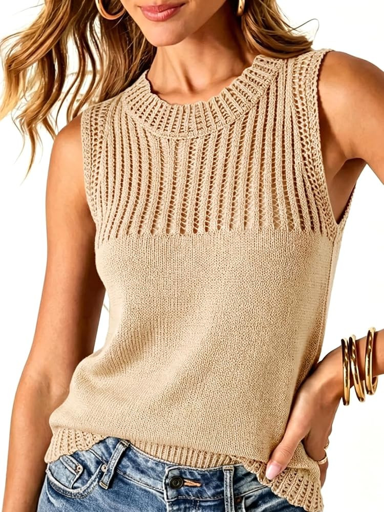 Women's Knit Tank Tops Hollow Out Sleeveless Crochet Top Crewneck Lightweight Sweater Vest Summer... | Amazon (US)
