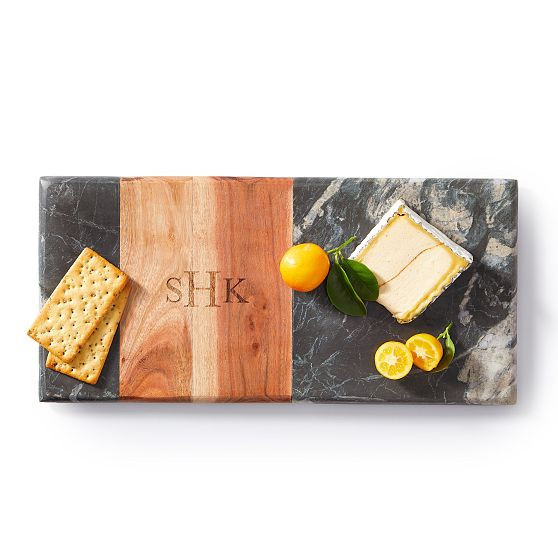 Wood and Marble Rectangle Cheese Board, Black Marble, Monogrammed | Mark and Graham