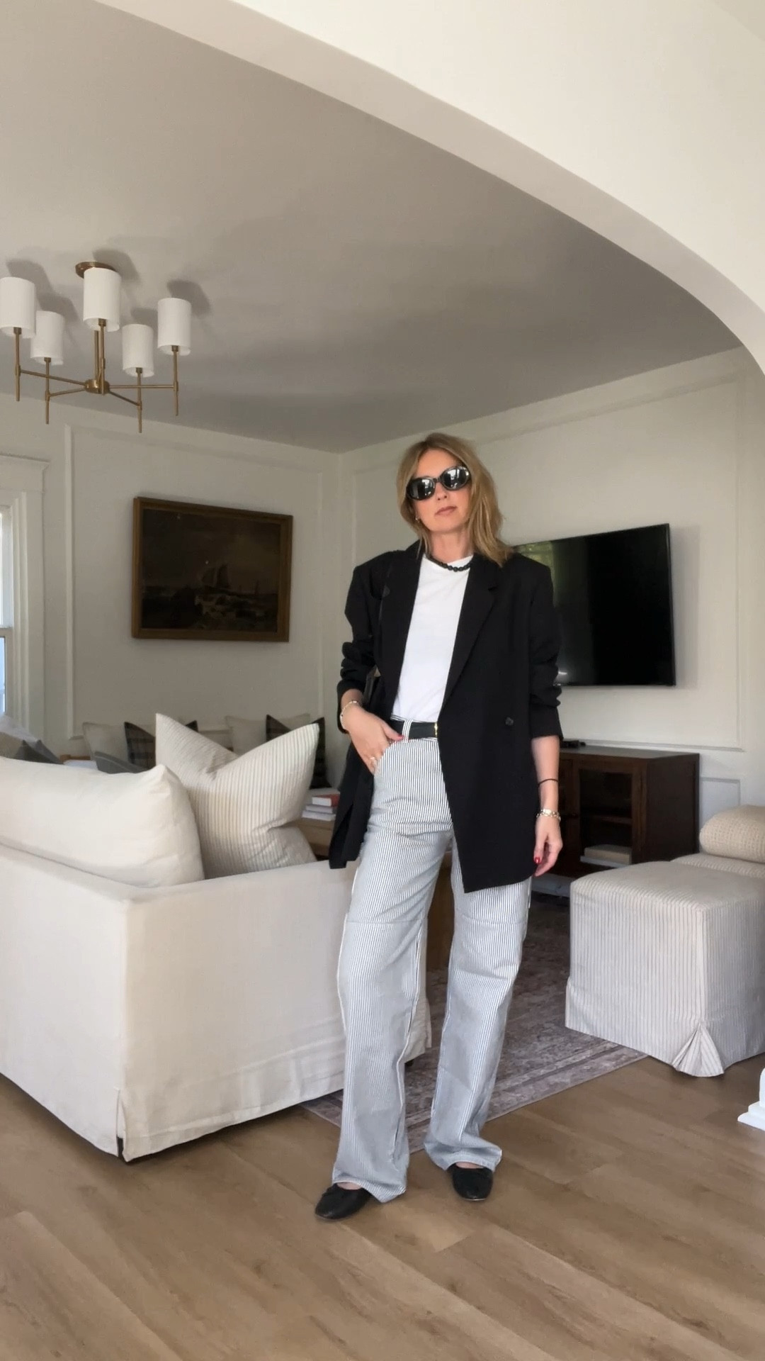 Striped Cargo Jeans + Black Blazer + Tote Bag + Ballet Pumps 
Mango Jeans | Toteme Blazer | Loeffler Randall Pumps | Loewe Tote Bag | Celine Sunglasses 

#LTKfindsunder100 #LTKfindsunder50 #LTKstyletip