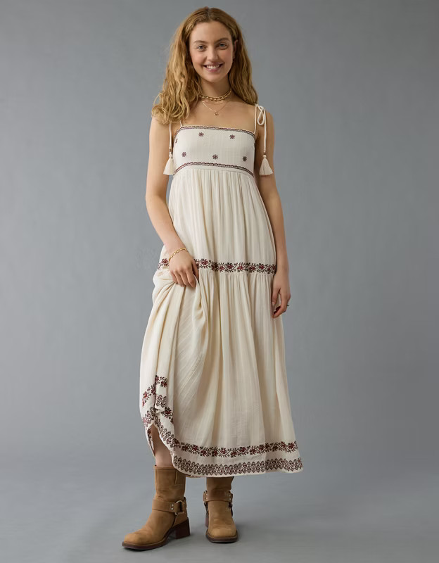 AE Empire Waist Embroidered Midi Dress | American Eagle Outfitters (US & CA)
