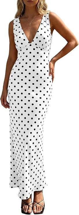 Wenrine Womens Summer Polka Dot Maxi Dress Mesh Wedding Guest Bodycon Sexy V Neck Sleeveless Part... | Amazon (US)