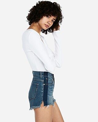 High Waisted Side Stripe Raw Hem Midi Jean Shorts | Express