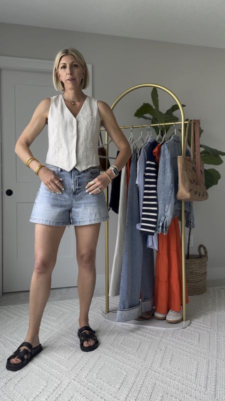French girl summer capsule outfit for the farmers market or weekend brunch! These denim shorts fit like a dream- the ALine shape are so figure flatting.

I sized up to a 28 for a relaxed fit 
westing a size 4 in the linen vest 

#LTKOver40 #LTKVideo #LTKStyleTip