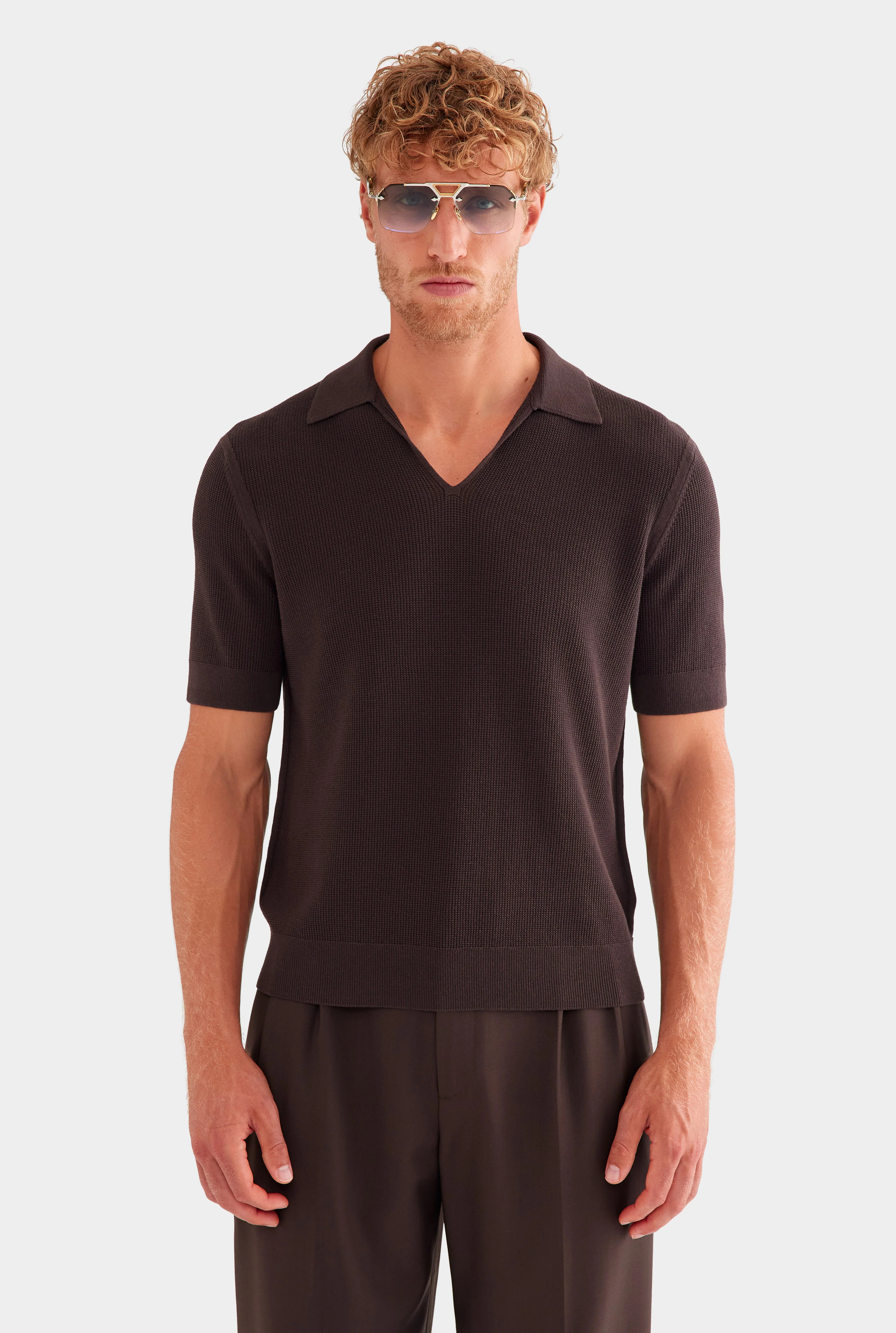 Lightweight Knit Polo in Dark Chocolate | Venroy | Venroy AU