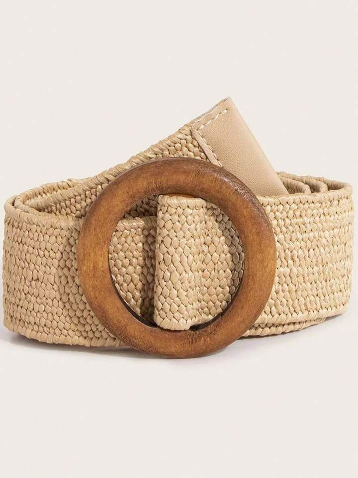 1 pieza para mujer Cinturón tejido de paja de estilo bohemio con hebilla de madera y diseño el... | SHEIN