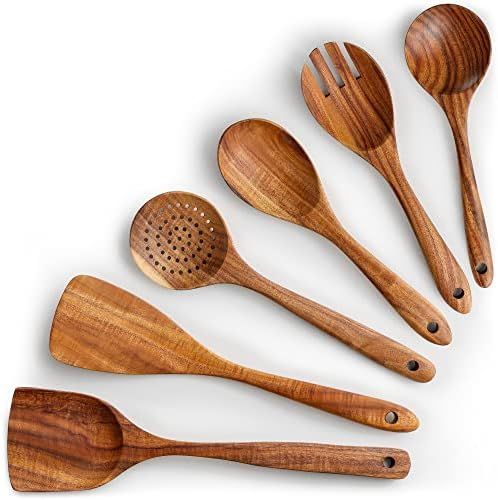 Amazon.com: Zulay Kitchen 6 Piece Wooden Spoons for Cooking - Smooth Finish Teak Wooden Utensils ... | Amazon (US)