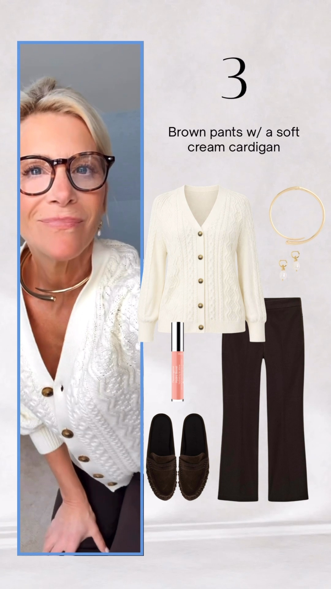 Classic neutral cardigan outfit with brown trousers.