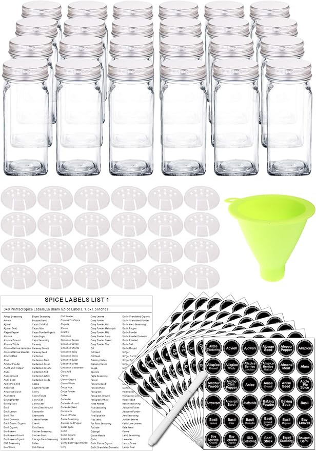 SWOMMOLY 25 Glass Spice Jars with 396 Spice Labels, Chalk Marker and Funnel Complete Set. 25 Squa... | Amazon (US)