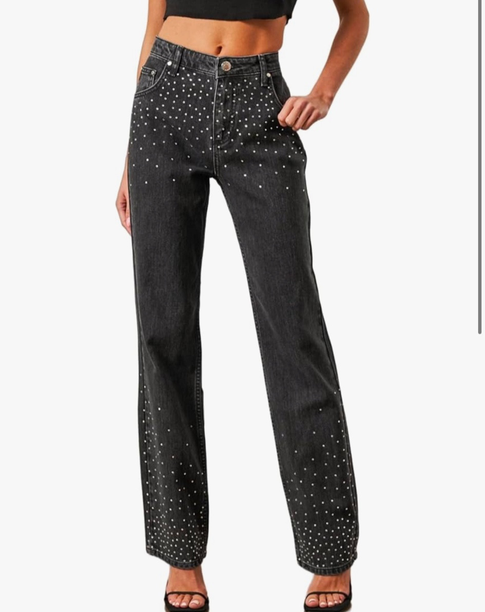 Kedera Womens High Waisted Rhinestone Jeans Straight Wide Leg Bling Denim Pants Black