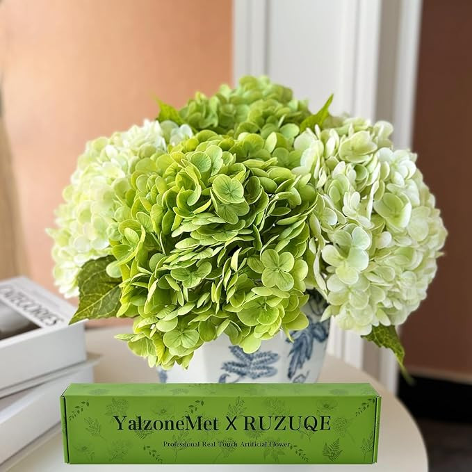 YalzoneMet Hydrangea Artificial Flower Natural Lifelike Real 21 inch Latex Long Stem 2 Light Gree... | Amazon (US)