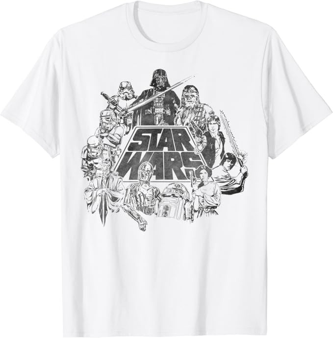 Star Wars Classic Characters Cast Line Art Graphic T-Shirt | Amazon (US)