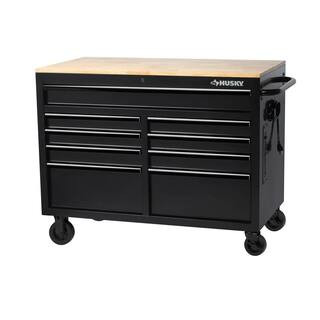 Husky 46 in. W x 24.5 in. D 9-Drawer All Gloss Black Deep Tool Chest Mobile Workbench with Hardwo... | The Home Depot