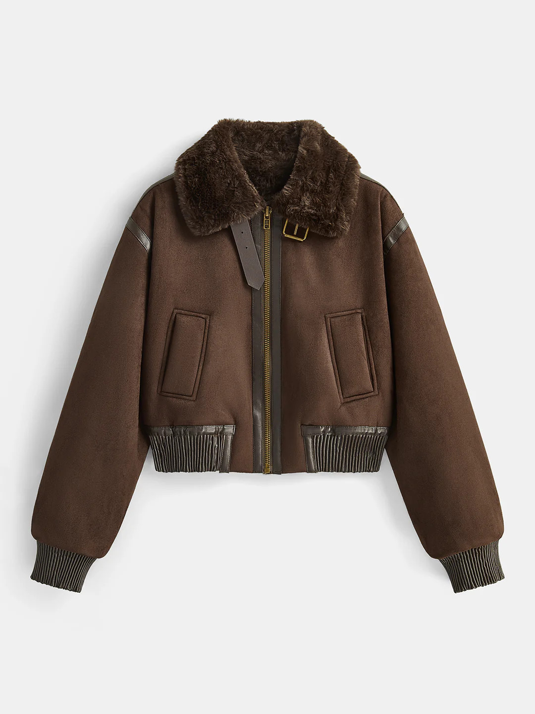 Faux Leather Trim Shearling Jacket | Commense