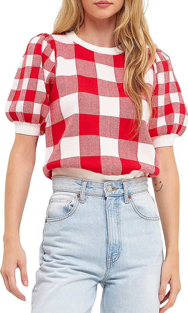 Gingham Puff Sleeve Sweater | Nordstrom