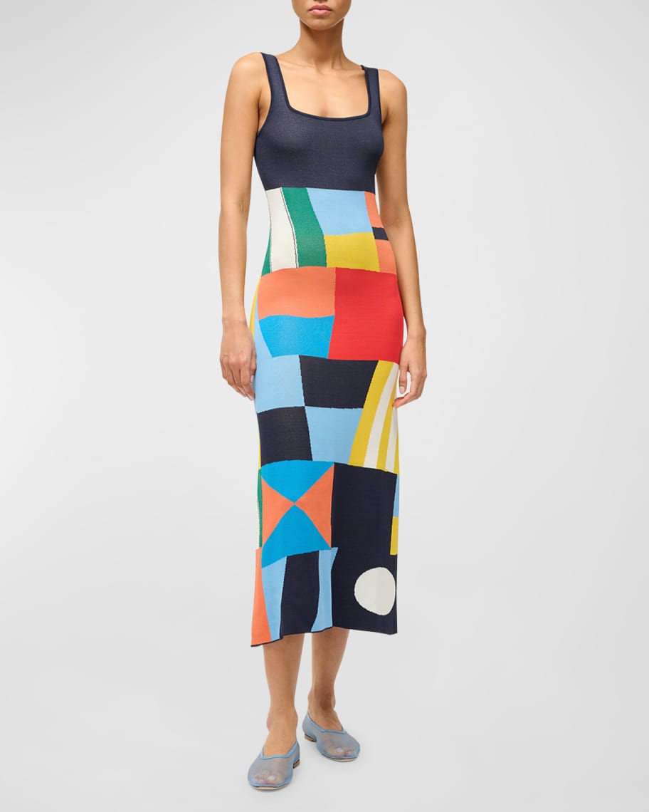 STAUD Katie Colorblock Square-Neck Sheath Midi Dress | Neiman Marcus