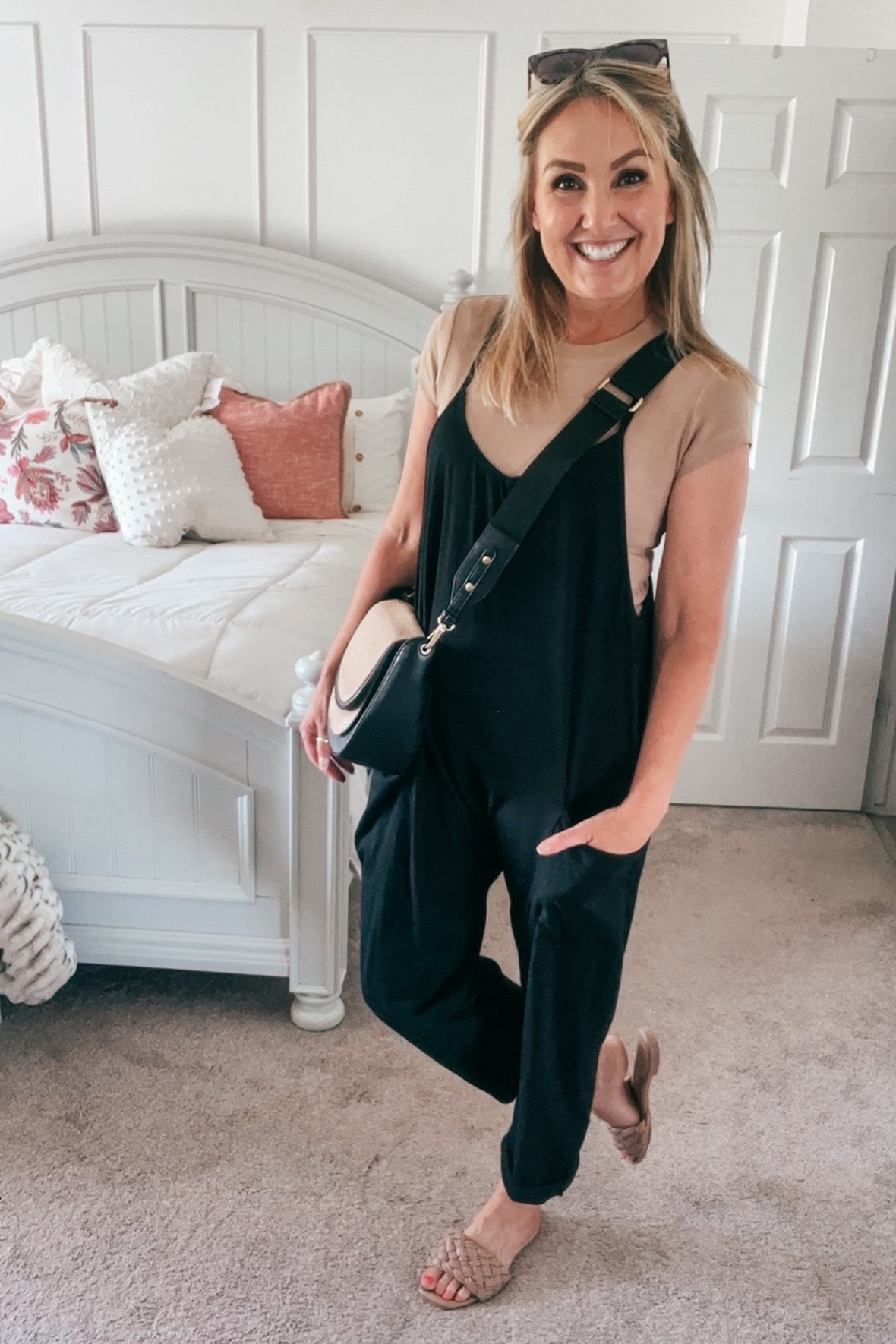 Black overalls wearing size large
Tan bodysuit wearing size XL for comfort
Tan Slide sandals. 
Black and tan Crossbody bag

#LTKFind #LTKBacktoSchool #LTKstyletip