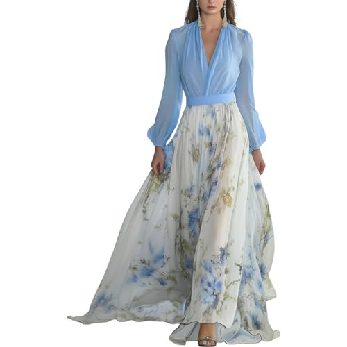 Women's Boho Floral Chiffon Maxi Dresses 2026 Summer Casual Long Sheer Sleeve Deep V Neck A-Line ... | Amazon (US)