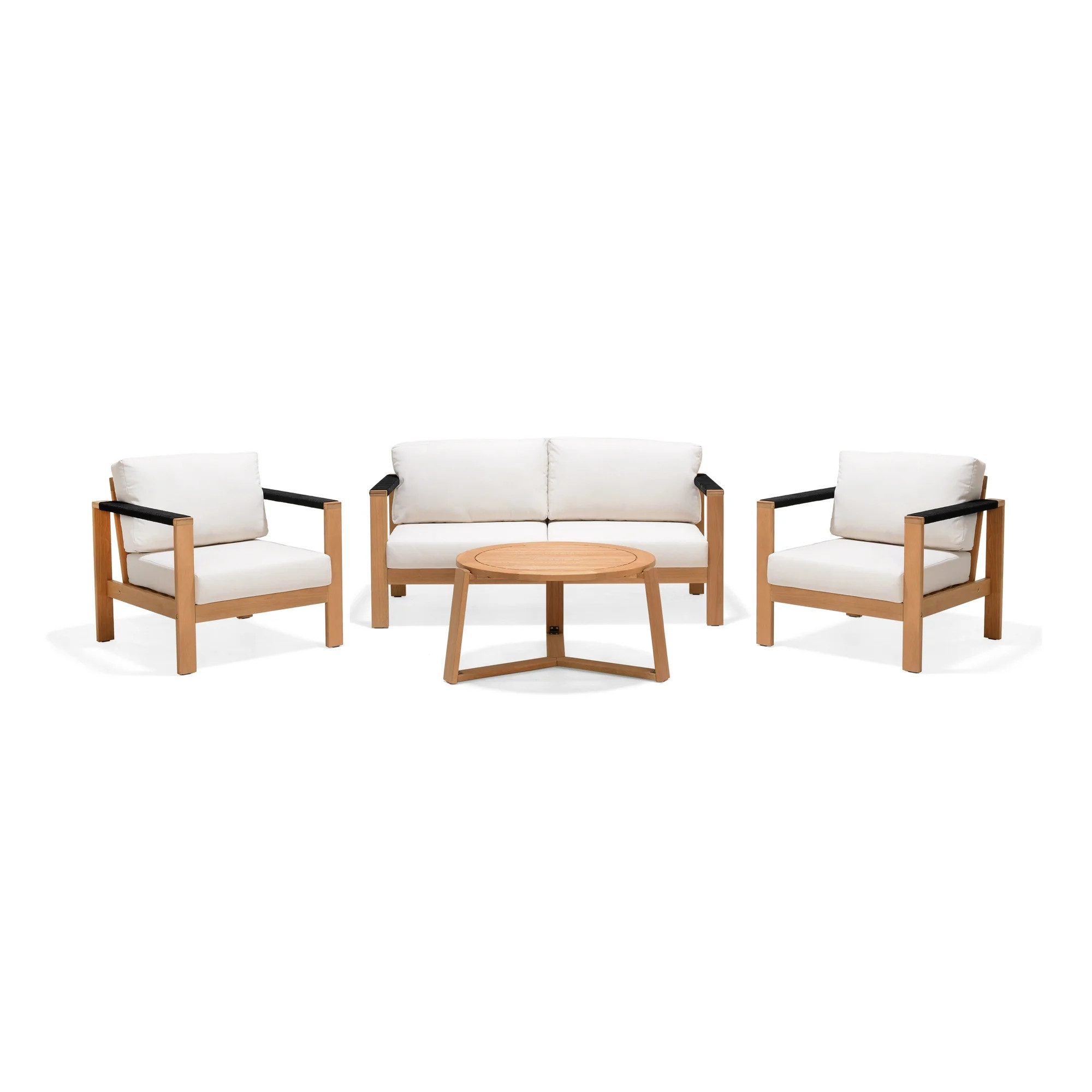 Better Homes & Gardens Braxton 4-Piece Wood Outdoor Conversation Set with Off-White Cushions | Walmart (US)