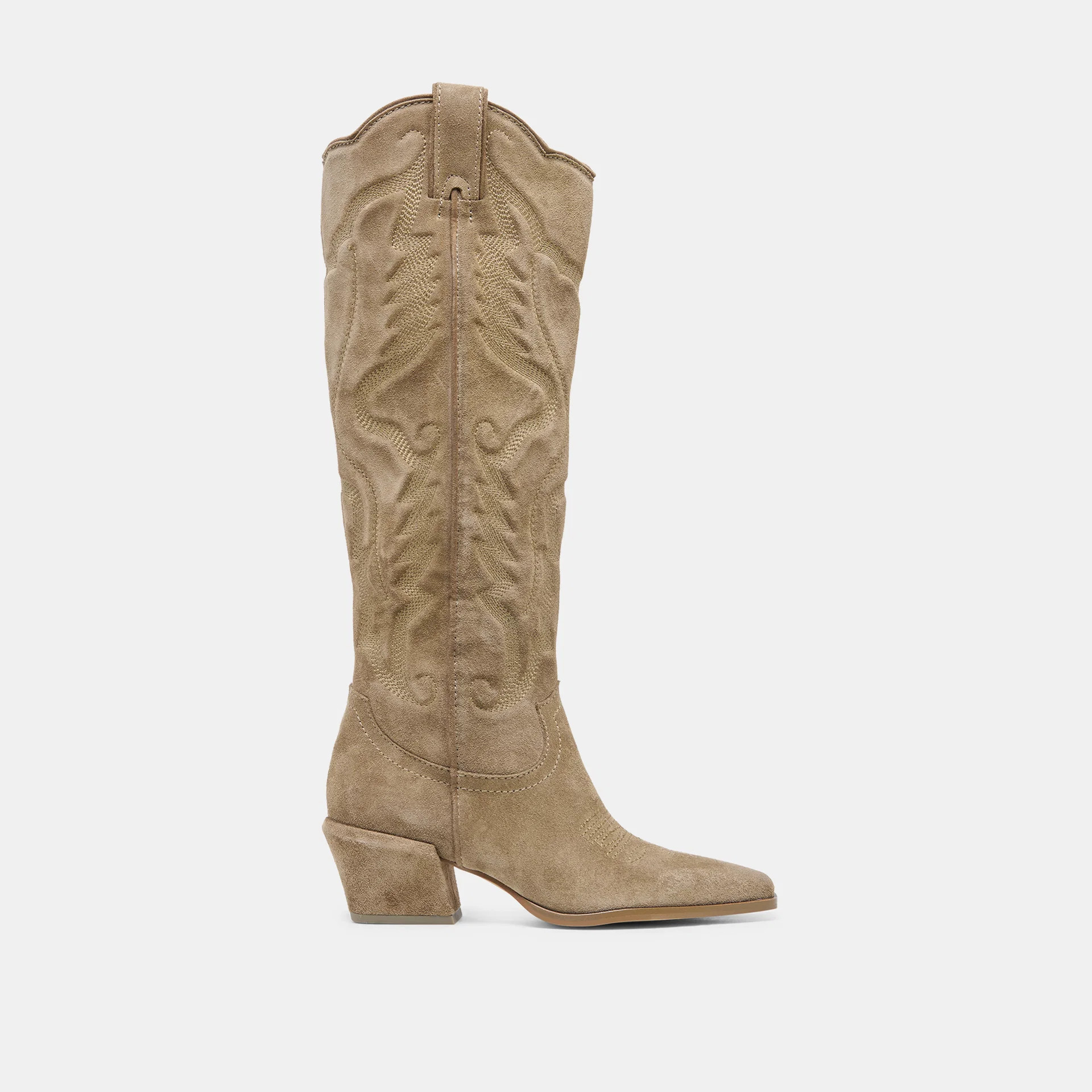 LUNI Taupe Suede Knee-High Pointed Toe Western Boots | Dolce Vita | DolceVita.com