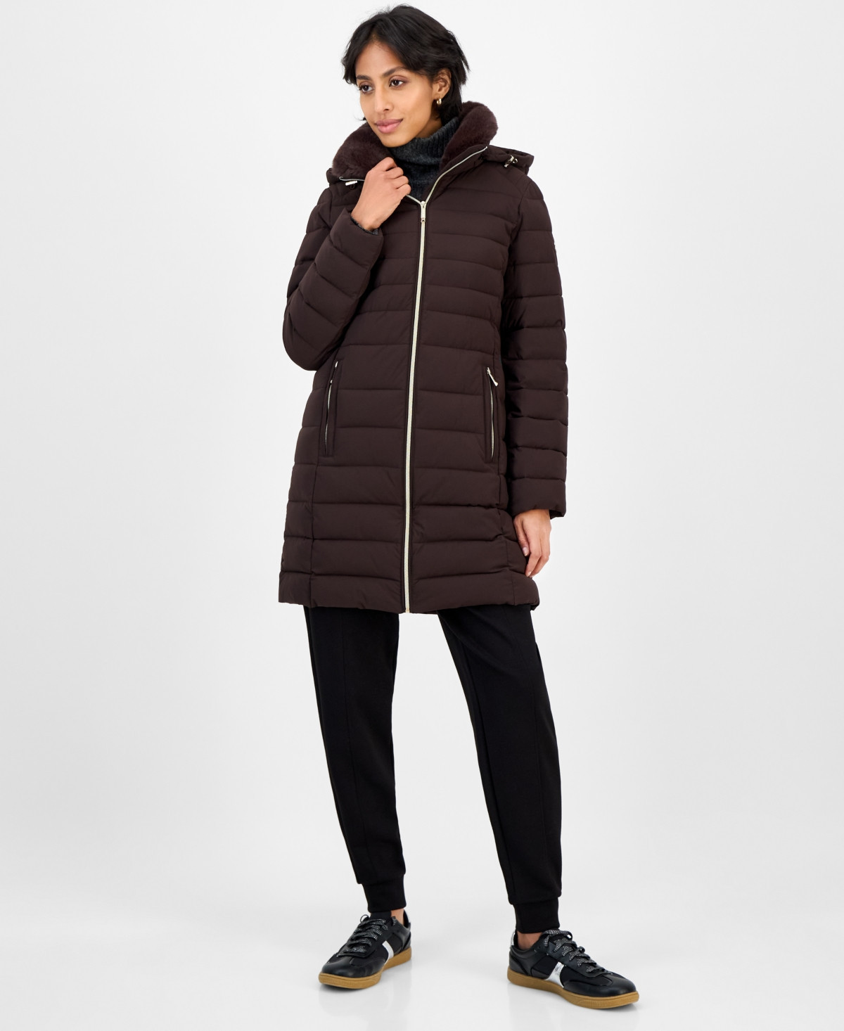 Michael Michael Kors Women's Faux-Fur-Collar Hooded Packable Puffer Coat - Chocolate | Macy's