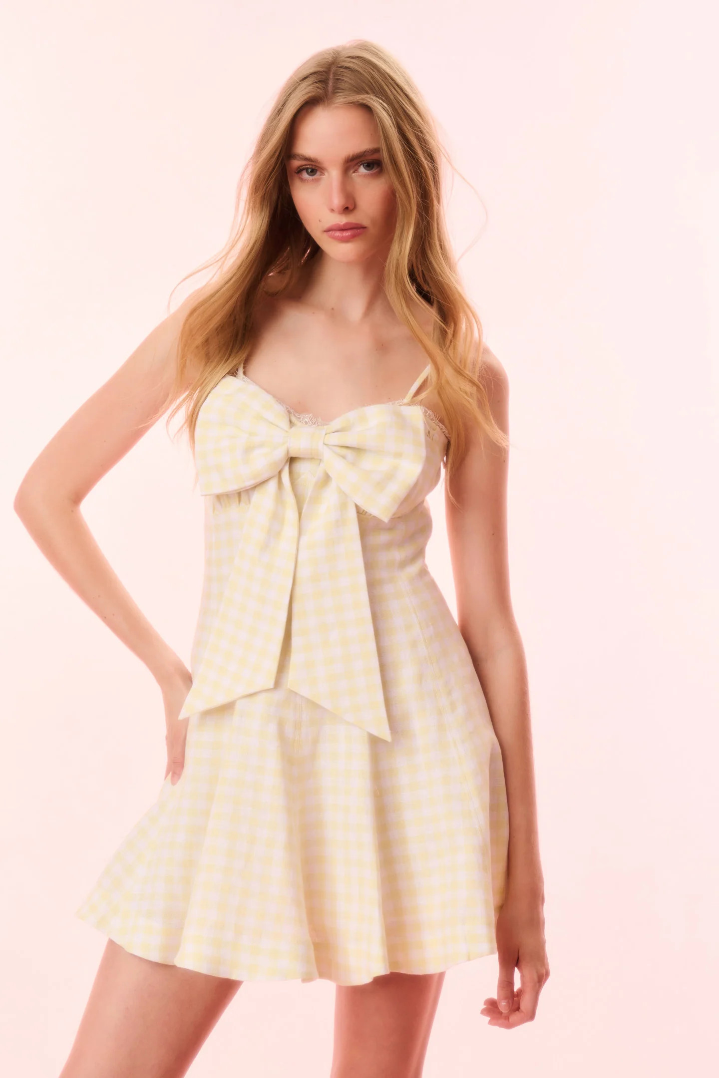 Clarine Linen Gingham Bow Dress - HONEYCOMB / 00 | LoveShackFancy