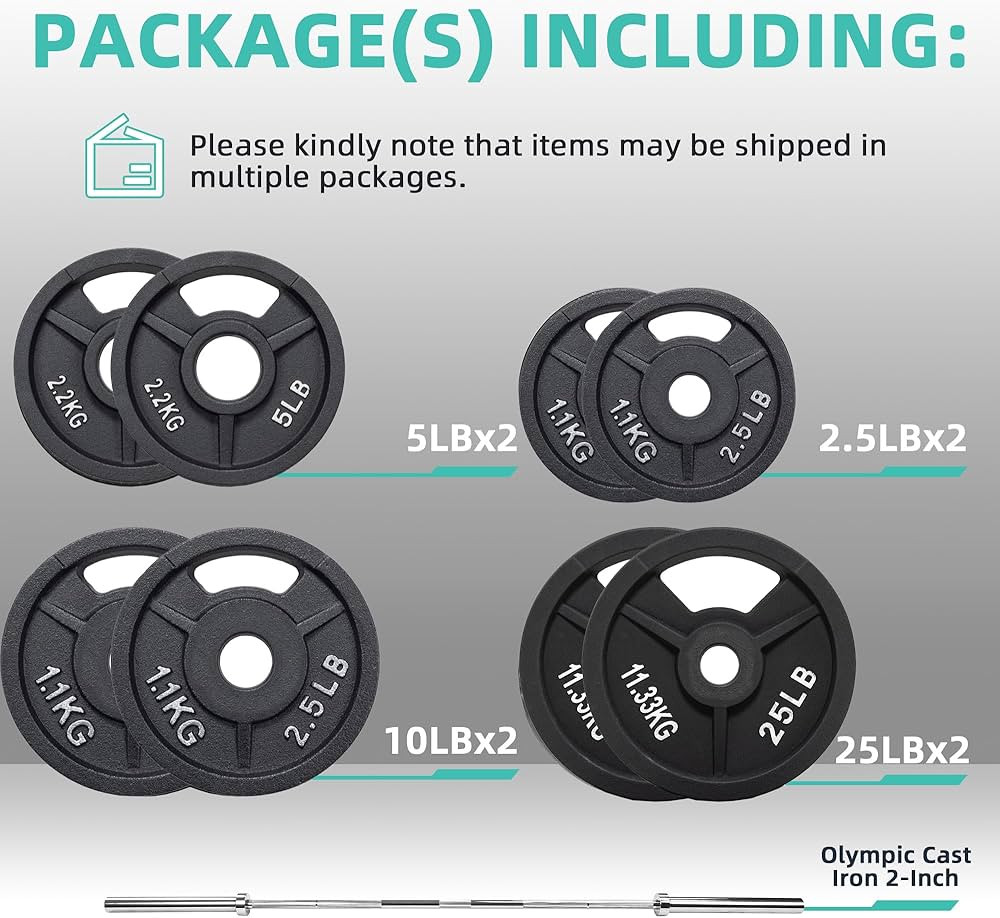 Fitvids Olympic Cast Iron 2-Inch Weight Plates Including 6FT Olympic Barbell Bar & Safely Locks, ... | Amazon (US)